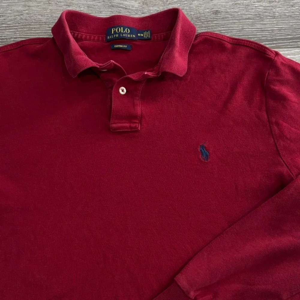 Polo Ralph Lauren Men's Long Sleeve Red Custom Fit Polo Shirt‎ Size Medium